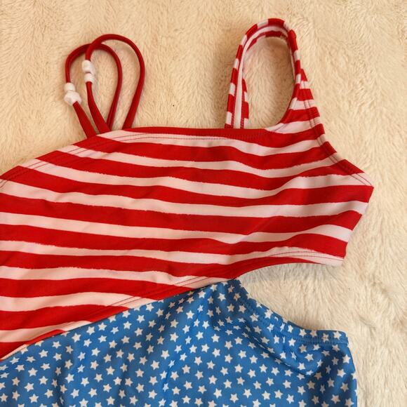 Cat & Jack 4th July Swimsuit Girls 6 7 Red White Blue Cutout Side One Piece USA - Picture 3 of 6